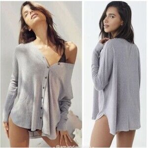 UO Out From Under Gray JoJo Waffle Knit Thermal Button Front Oversized Shirt XS